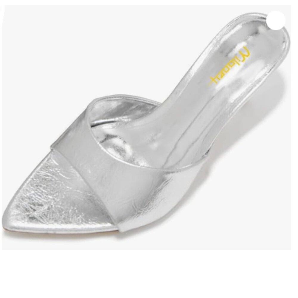Milooey shoes Women's Kitten Heel Mules Open Pointed Toe Slide Sandals Sliver